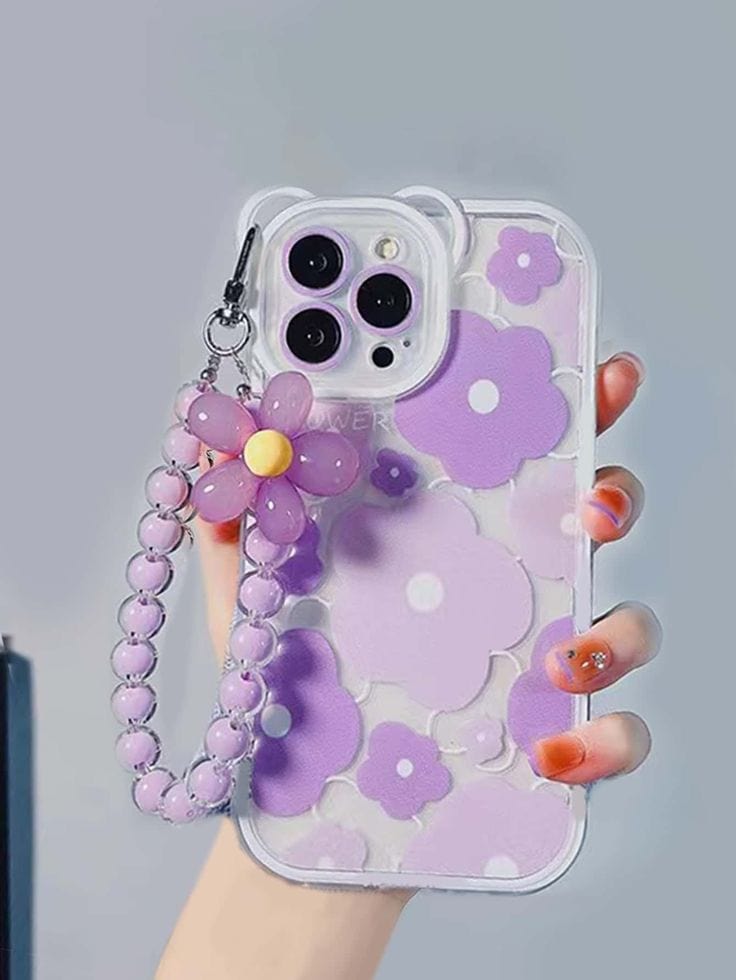 Clear Purple Floral Print Phone Case With Charm Covers Emporium Clear Purple Floral Print Phone Case With Charm Covers Emporium