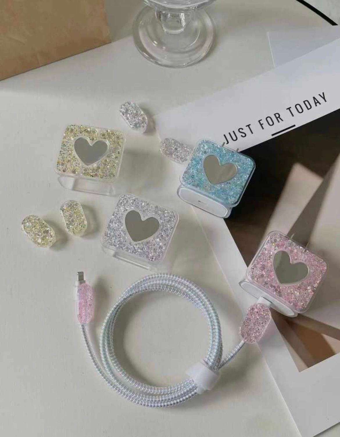 Glitter Mirror Heart data cable protector and charging head cover