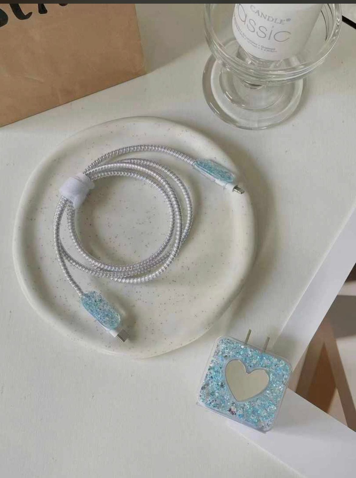 Glitter Mirror Heart data cable protector and charging head cover