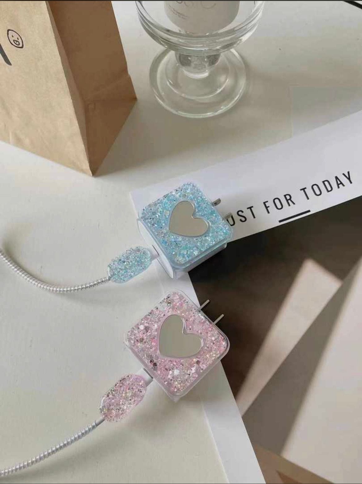 Glitter Mirror Heart data cable protector and charging head cover