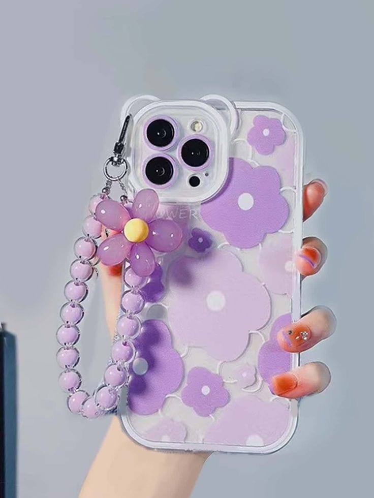 Clear Purple floral print phone case with charm