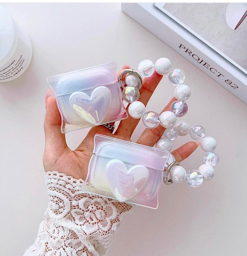 3D Heart Charm Silicon AirPods Case With Holographic Beaded Charm