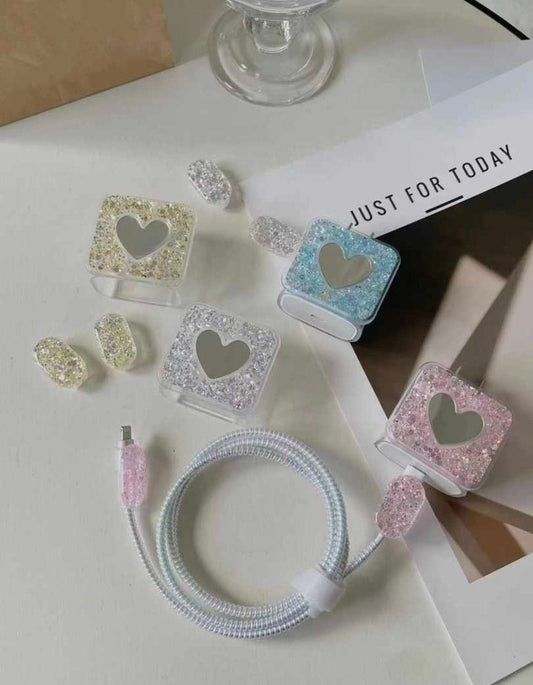Glitter Mirror Heart data cable protector and charging head cover