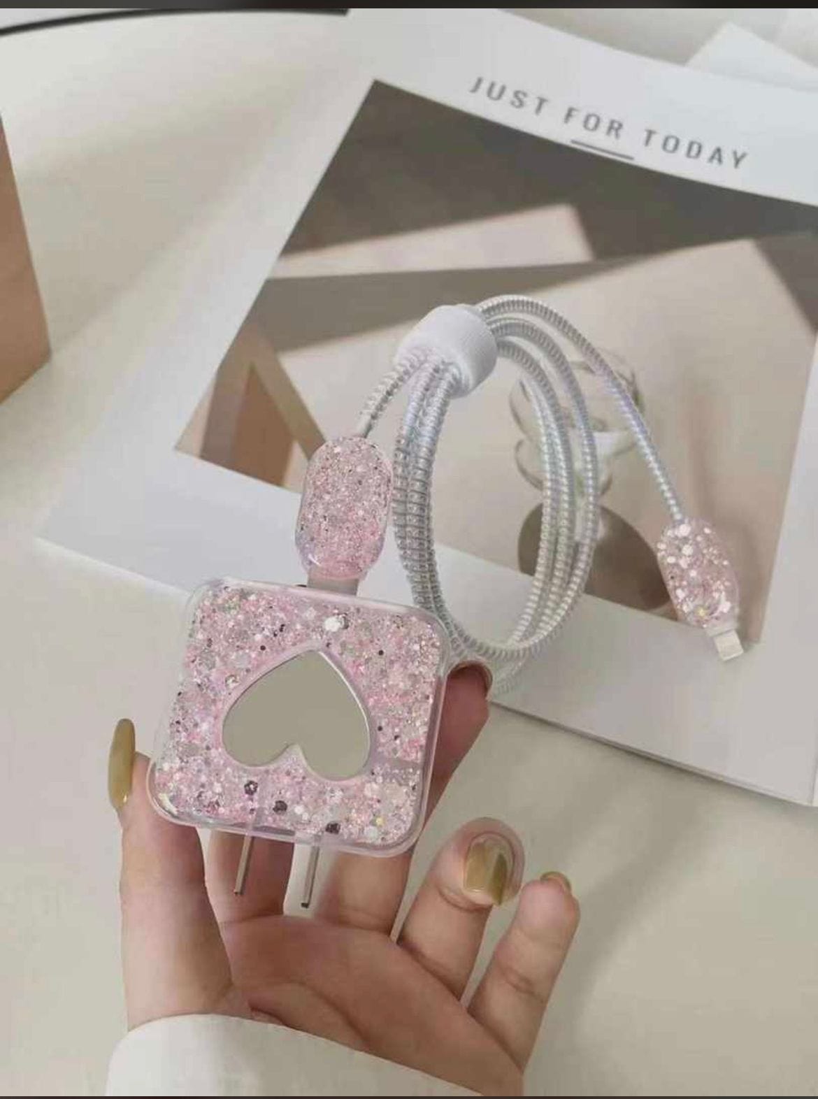 Glitter Mirror Heart data cable protector and charging head cover