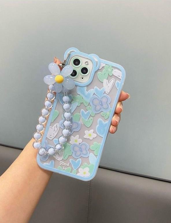 Clear Transparent Blue Print Phone Case With Charm