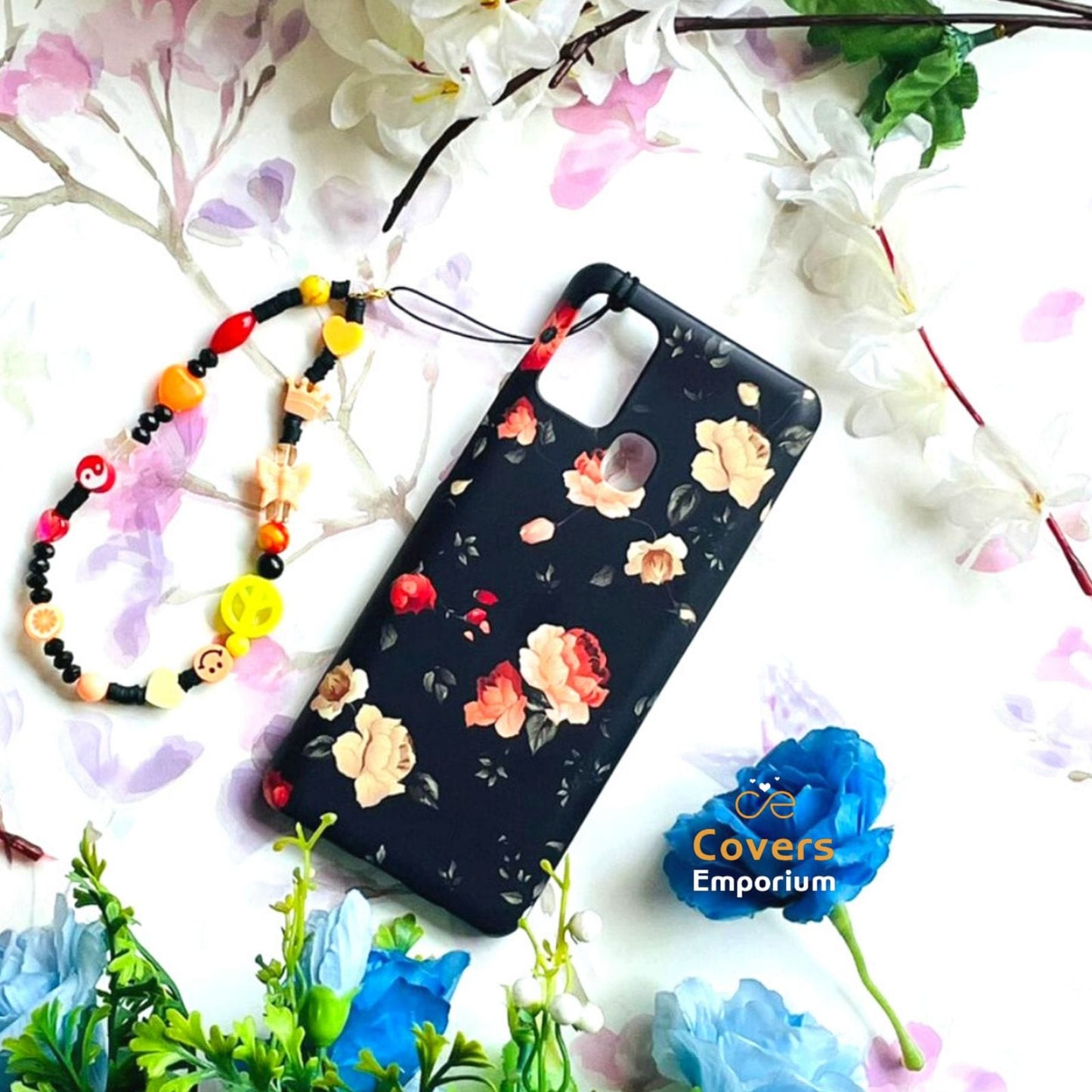 Black Floral Hard case with Beautiful Charm